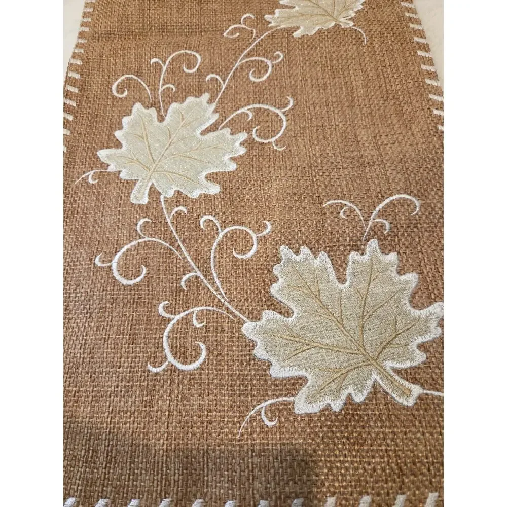 RARE Evermaple Manufacturer Sample Burlap Fall Table Runner 14x72 Embroidered...